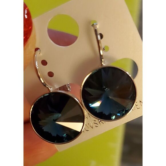 NEW Swarovski Element Earrings Sm. Navy. 13mm. Round. Leverback. Dangle - Picture 2 of 4